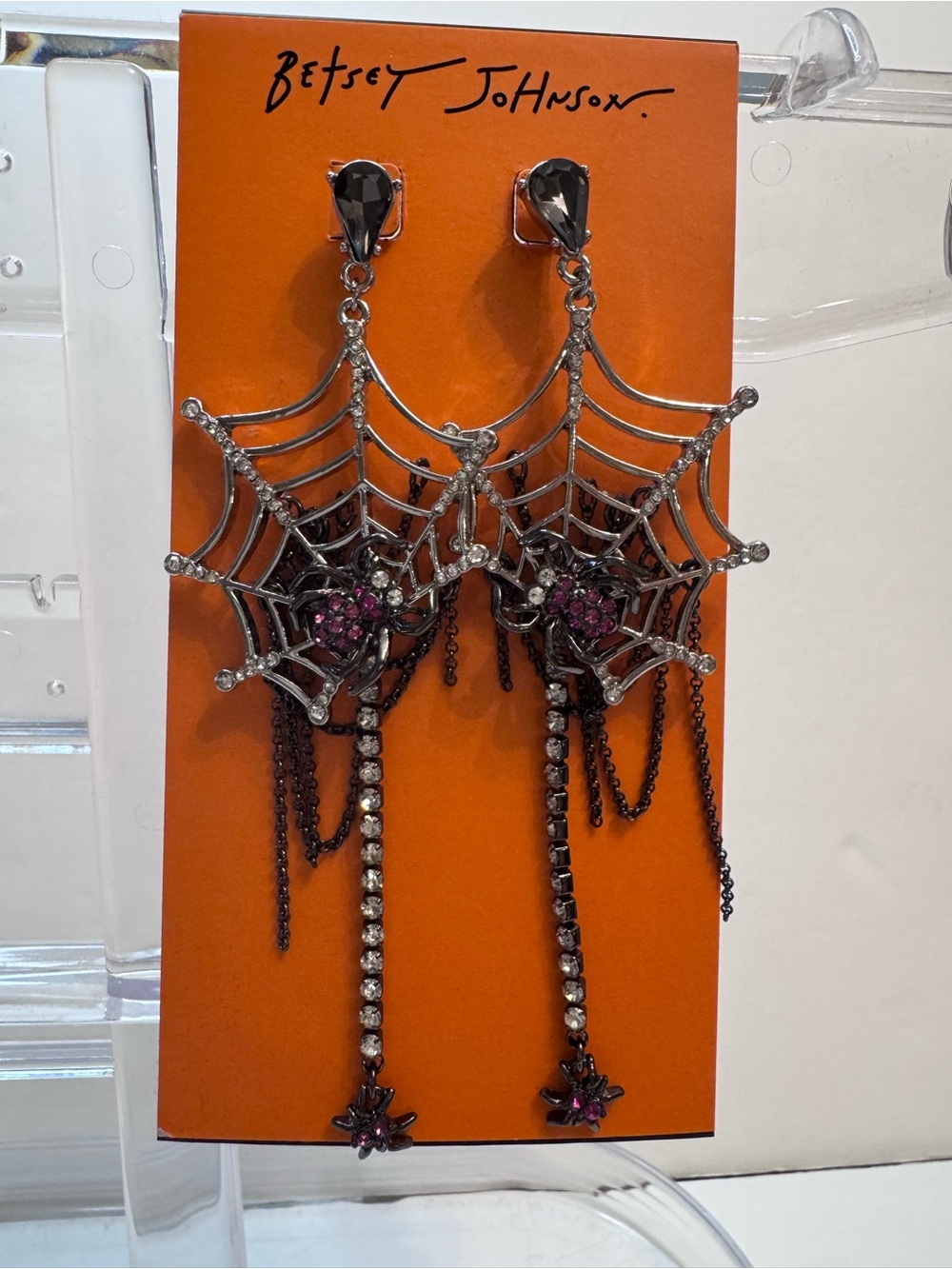 Betsey Johnson Black & Purple Spiderweb Dangle Earrings